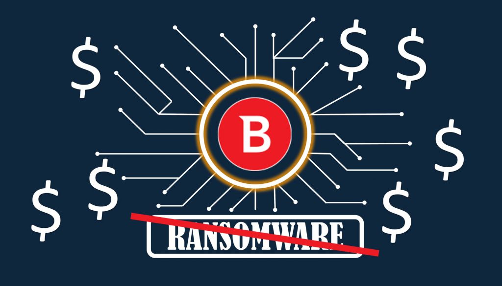 Okrongłe czerwone logo Bitdefender w złotym pierscieniu, od którego odchodzą ścieżki prowadzące do znaku dolara ($), pod logiem znajduje się przekreślony na czerwono napis ransomware