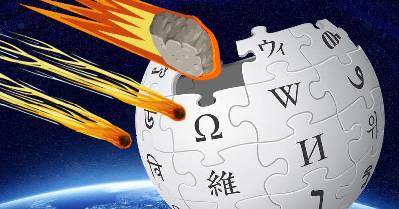 Meteoroidy spadające na logo Wikipedii na tle przestrzeni kosmicznej i kuli ziemskiej
