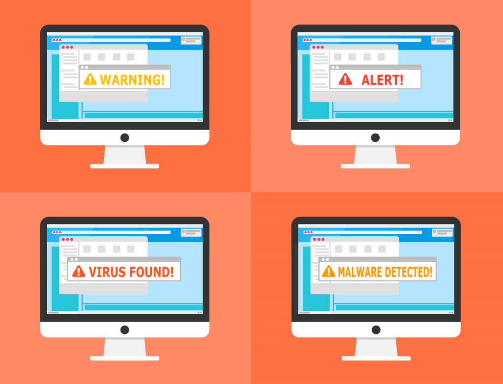 Cztery Mac'i z różnymi komunikatami: warning!, alert!, virus found!, malware detected!; na tle dwóch odcieni pomarańczowego ułożonych w szachownice