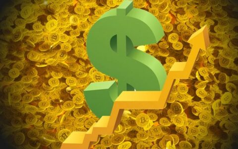 Symbol dolara na tle bitcoinów