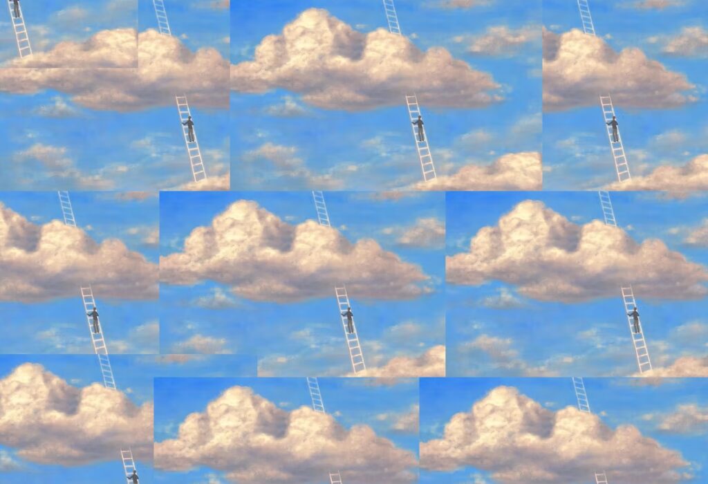 kilka nachodzących na siebie obrazków przedstawiających niebo, obłok i ludzika, który wchodzi do chmury po drabinie