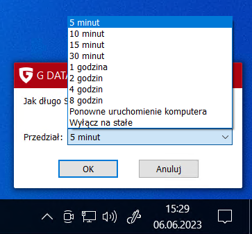 okno wyboru czasu wyłączenia ochrony g data