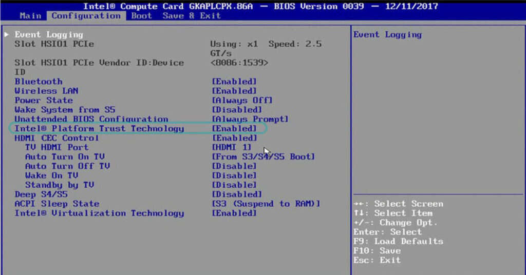 zdjęcie z biosu z ustawień włączenia Intel PTT
