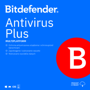 Blue Bitdefender Antivirus Plus promotional banner with large white text and a red circle logo on the right.