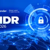 Bitdefender MDR in 2026: blue cybersecurity banner with a lock and concentric circular shapes over a world map.