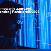 Okładka raportu Bitdefender: Podsumowanie zagrożeń, Październik 2026, z ciemnym profilem przy niebieskich światłach neonowych.