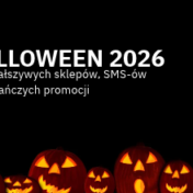 HALLOWEEN 2026 banner with glowing jack-o'-lanterns along the bottom and Polish text: 'Plaga fałszywych sklepów, SMS-ów' and 'i oszukańczych promocji'